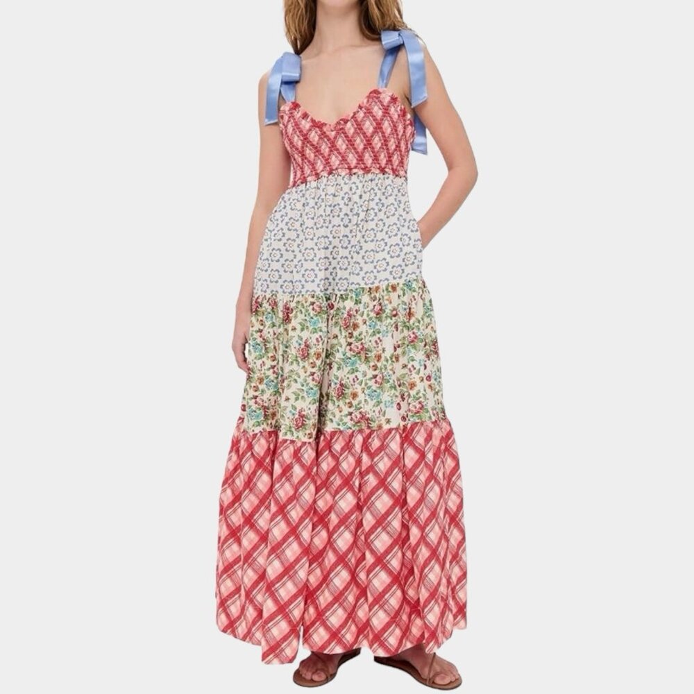 Women Bohemian Bluebell Maxi Dress Size L V-Neck Gathered Bodice Bows Shoulders - Picture 4 of 16